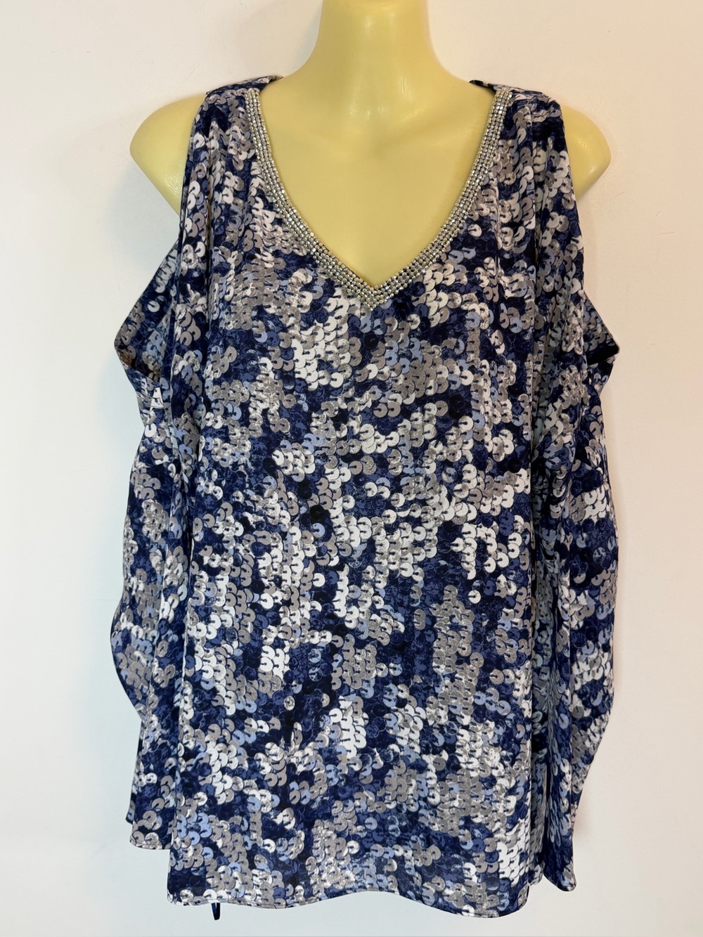Juicy Couture Cold Shoulder Blue and Silver Sequin Print Blouse